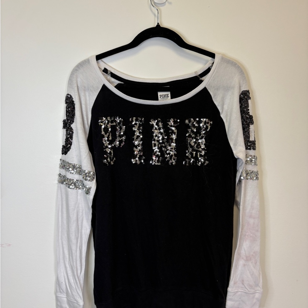 PINK Victoria's Secret Black and White Sequin Long Sleeve Tee